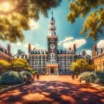 A-scenic-view-of-Gilman-Hall-at-Johns-Hopkins-University-with-a-focus-on-the-clock-tower