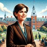 Illustration-of-Sian-Leah-Beilock-Dartmouths-19th-president-and-the-first-woman-elected-to-the-job-standing-proudly-in-front-of-the-iconic-Dartmout