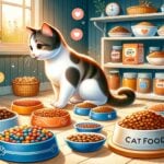 A-visually-engaging-educational-image-featuring-a-variety-of-cat-food-options-including-bowls-of-wet-and-dry-cat-food