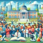 An-illustration-of-a-diverse-group-of-university-students-and-faculty-celebrating-achievements-and-discoveries-with-elements-representing-education_
