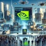 futuristic cityscape with advanced technology and AI integration, highlighting a company logo of NVIDIA
