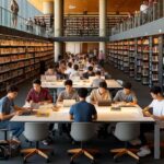 A-modern-academic-library-setting-at-Caltech-featuring-a-diverse-group-of-students-engaged-in-quiet-study