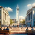 A-prestigious-university-campus-with-modern-and-classical-architecture-featuring-the-iconic-Sather-Tower-Campanile-in-the-background.-The-scene-inc